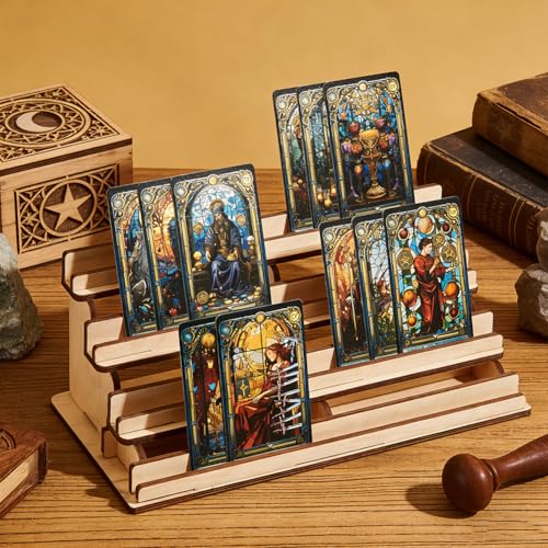 UNICRAFTALE 4-Tier Wooden Board Game Card Holder Wheat Cards Display Riser Solid Wood Card Playing Holder Stand for Bridge Canasta Strategy Games Tabletop Organizer 5.5x11x4.5 Inch - color: Wheat