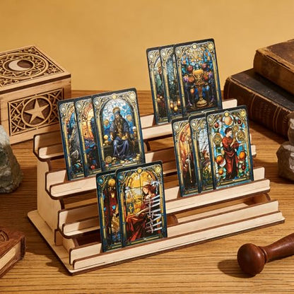 UNICRAFTALE 4-Tier Wooden Board Game Card Holder Wheat Cards Display Riser Solid Wood Card Playing Holder Stand for Bridge Canasta Strategy Games Tabletop Organizer 5.5x11x4.5 Inch - color: Wheat