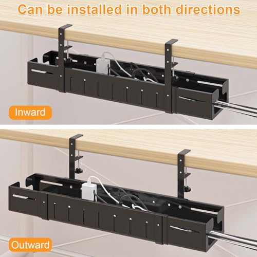 Under Desk Cable Management Tray Black | Expandable 25.27"-38.66", Sturdy Steel Desk Cord Hider Raceway for Office/Home
