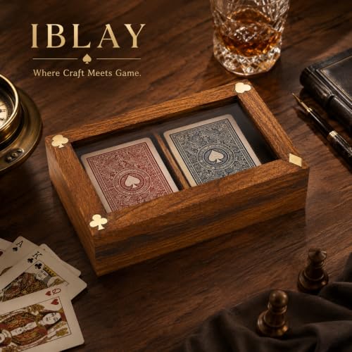 Handmade Wooden Playing Card Storage Box for 2 Decks, Sheesham Wood Card Holder Case with Clear Top Display and Brass Latch (Cards Not Included)