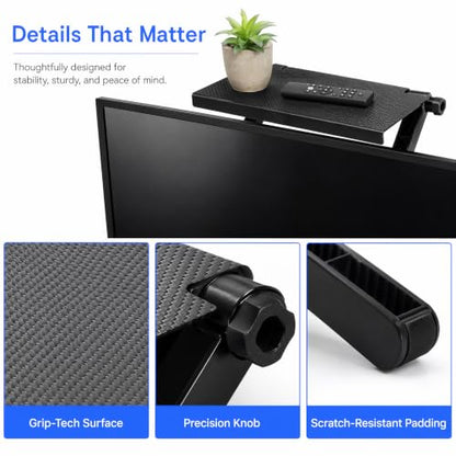 7-Inch Adjustable Screen Top Shelf Organizer for TV Computer Monitor Flat Screen 'TV Mount Top Shelf Used to Place Soundbar Cable Box Speakers Apple TV Play-Station Camera Frames Remote-Black - size: 6 inch
