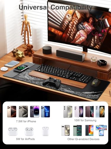 Magnetic Wireless Charging Mouse Pad, 31.5"x15.8" Large Desk Mat | Waterproof Mousepad, Smooth Glide, Stitched Edge, Non-Slip Rubber Base, Desk Pad Computer Keyboard Mat, No Adapter - color: Black-31.5"x15.8"-Mag-Sea