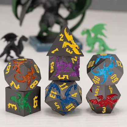 Metallic DND Dragon Dice Set,Metal Polyhedral Dice with Dragon for Dungeons and Dragons RPG TTRPG D&D 7-Die Set with Gift Case - color: Pearl Gun 7 Colors