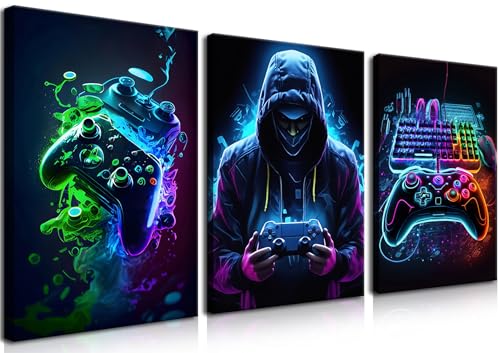 BGFCE Cool Gaming Canvas Wall Art Set of 3, Retro Video Game Watercolor Poster Pictures, Neon Gamepad Gamepad Painting Prints Game Room Bedroom Wall Decor 12x16 in Framed - color: Color Gamers, size: 16L" x 12W"