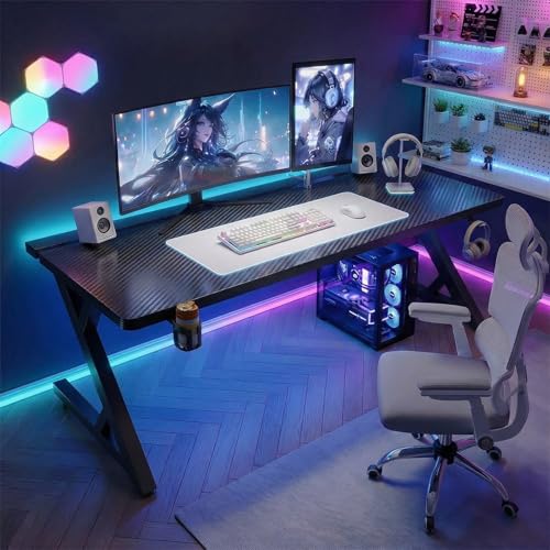 Gaming Desk 63" Large Computer Desk with 2-Stage Split Desktop for Monitor Arms, Carbon Fiber PC Table with Cable Management Tray, for Home Office, Living, Bedroom(Black,55.1"x29.5"x29.5") - color: Black, size: 55.1"x29.5"x29.5"