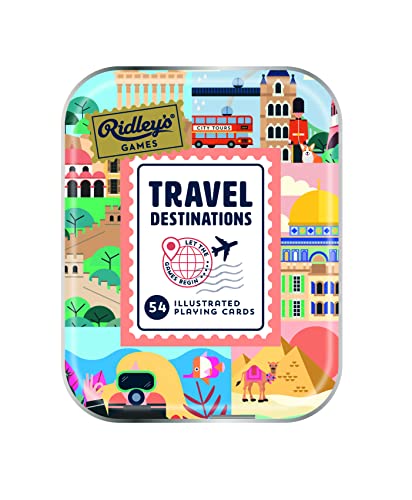 Ridley's Games: Travel Destinations Playing Cards | Full Deck of Cards with 54 Unique Travel Destinations | Travel Fun Facts on All Cards for Travel Lovers | Storage Tin Included - style: Travel Destinations Playing Cards