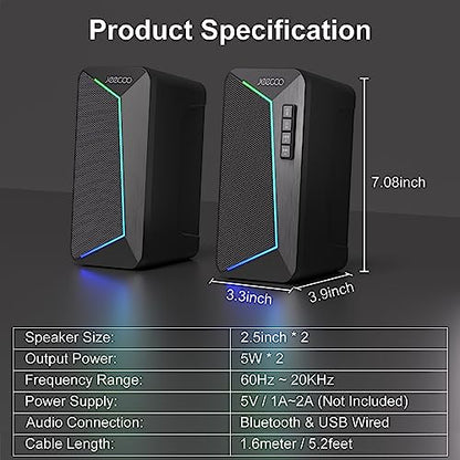 Jeecoo M30 Bluetooth Computer Speakers, RGB PC Gaming Speakers for Desktop with Crisp Stereo Sound, Dynamic LED Modes, Easy-Access Control, 10W - USB-Powered (Not 3.5mm Aux)