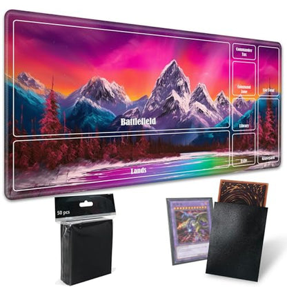 Board Game Mat TCG Playmat Plus 50 Pcs Card Sleeves, 24 x 14 inches Table Mats Games Mousepad with Zones Smooth Surface for MTG RPG CCG Trading Card Game Play Mats, Art Mountain Lake - color: Art Mountain Lake, size: Zone 1