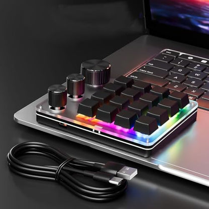 Tangxi Mini Macro Mechanical Gaming Keyboard, 16 Keys Wired Programmable Keypad with 3 Knobs, One Handed Custom Keyboard with LED Light, Red Switch, for Wins & OS X (Black) - color: Black