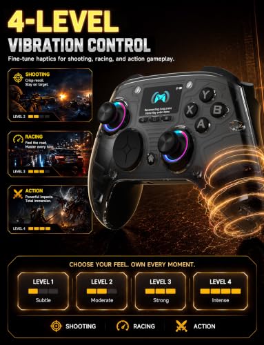 AOC PC Controller with Interactive Screen, Hall Effect Sticks & Triggers | for PC/Switch/Switch 2/PS4/iOS/Android/Steam Deck, BT/2.4G/Wired, Screen Setup,No-Drift Hall Joysticks, Macro,RGB, Up to 18H - color: Black