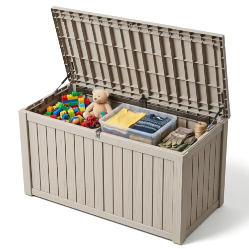 Outdoor Storage Box, 180 Gallon Waterproof Deck Box [Upgraded 3.0], Piston-Lift Tall Standing Cabinet for Oversized Cushions, Lockable Deep Tool Organizer Storage Bench, Large Lawn, Grey - color: Grey, size: 180 Gallon 3.0