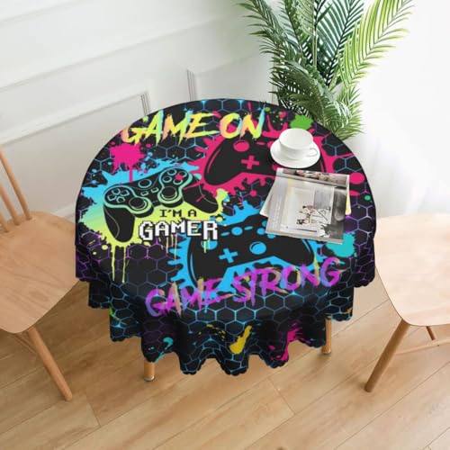 Gaming Table Cloths, Colorful Graffiti Game Controller Gamer Video Gamepad Abstract Cooling Funny Kids Birthday Party Table Cover Decor for Kitchen Dining Room Farmhouse Outdoor Home, 60" Round - color: Game-1, size: 60" (Round)