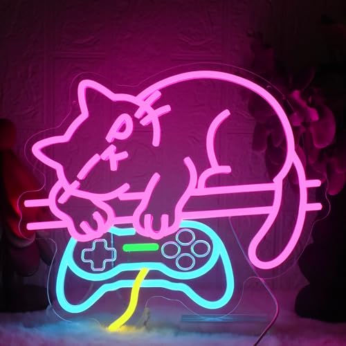 Game Cat Neon Sign, Gamer Neon Signs for Wall Decor, Pink Cat Gamepad Shape LED Light Sign Dimmable Light Up Signs for Game Room Bedroom Cat Lovers and Gamers - color: game cat