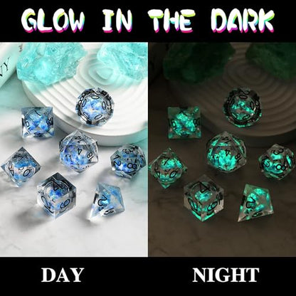 DNDND Glow in the Dark Liquid Sharp-Edge Dice Set 7PCS - Clear Resin Polyhedral DND Dice with Luminous Blue Liquid Orb & Glitter for D&D RPG Table Games （Glow Blue - color: Glow Blue