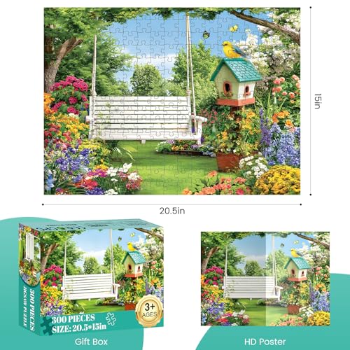 300 Piece Puzzles for Adults, Garden Swing 300 Piece Puzzle,Blooming Flower Paradise Jigsaw Puzzle, Perfect for Family Game Night, Home Wall Decor, Ideal Gift for Adults, Kids, Seniors, 20.5 x 15 in - style: Garden Swing