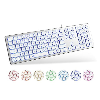 POWZAN Aluminum Quiet Wired Keyboard Backlit- Slim Chiclet Key Compatible with Apple iMac, MacBook, Mac and PC, USB Keyboard Numeric Keypad RGB Lighted Key - Silver White - color: KB770-Silver White