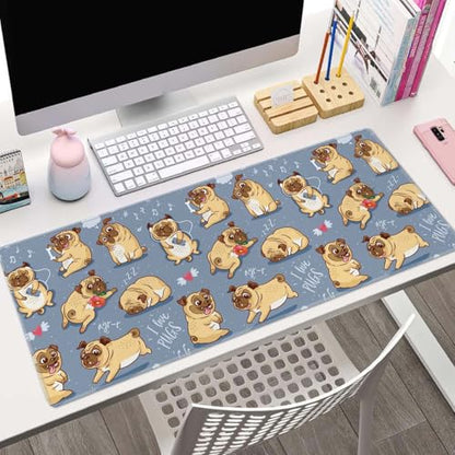 Gaming Mouse Pad Large,Cartoon Pug Pupies Mouse Pad Gaming Mouse Mat Desk Pad,31.5 x 11.8 Desk Mat Mouse Pads for Desk,Extended Keyboard Mousepad with Non-Slip Base and Stitched Edge - color: Cartoon Pug Pupies