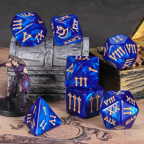 CiaraQ 7pcs Polyhedral Dice Set for Dungeon and Dragons MTG Table Games | Acrylic Role Playing Dice for D&D with Black Velvet Bag – Blue Pearl with Gold Roman Numerals - color: Blue Dice - Roman Font
