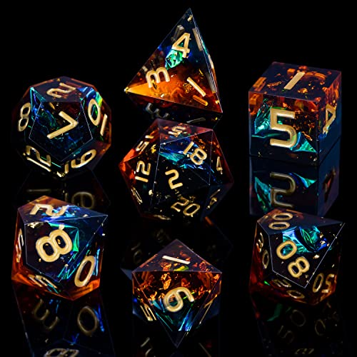 ARUOHHA DND Resin Dice Set 7Pcs Handmade Glitter Inclusions Sharp Edge Dragons Dice with Box, Role Playing Game RPG Lightning Polyhedral Dungeons D and D Dice Set - color: Orange Green
