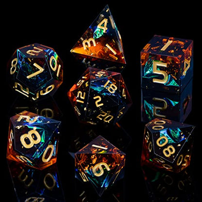 ARUOHHA DND Resin Dice Set 7Pcs Handmade Glitter Inclusions Sharp Edge Dragons Dice with Box, Role Playing Game RPG Lightning Polyhedral Dungeons D and D Dice Set - color: Orange Green