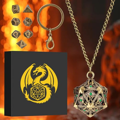 Mini DND Dice Set with Hollow D20 Metal Case Portable Keychain Necklace, Tiny 7pcs Polyhedral D&D Dice Set, DND Gifts with Gift Box, D&D Accessories for RPG（Green Diamond, Bronze） - color: Bronze