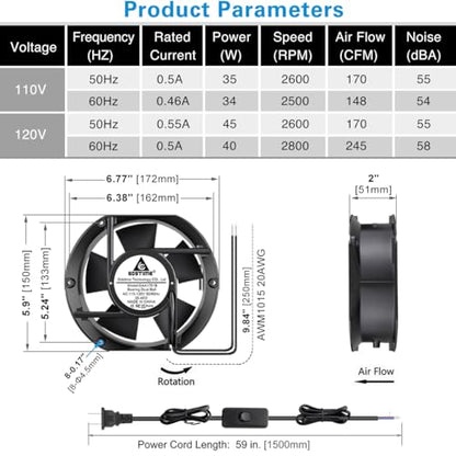 GDSTIME AXIAL 1751 Muffin Fan, 110V 120V AC 172mm x 150mm x 51mm Dual Ball | Heavy-duty Aluminum, High Speed Cooling, for Air Hockey Table Replacement, Generator Box Exhaust, Chicken Coop Ventilation - size: 172x150x51mm