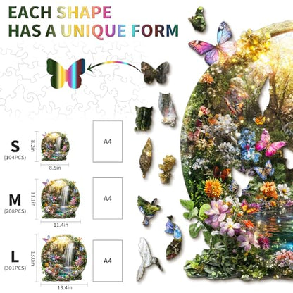 Wooden Puzzles for Adults, Butterflies and Waterfalls Jigsaw Puzzles, 208 Piece Unique Shaped Puzzle, 3D Visual Landscape Shape Puzzle, Gifts for Adults，Wall Decor(11.4 * 11.1 in) | Unique Shape Wooden Jigsaw Puzzle for Adults, Wood Puzzles, Challenge Woo