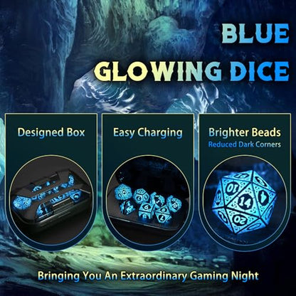 LED DND Dice Set, Light up Dice Rechargeable for RPG DM Gifts, Blue | ZHOORQI D and D Polyhedral Dice with Charging Box, Glow in The Dark Dice Easy Reading for Dungeons and Dragons TTRPG - color: Blue-shackles