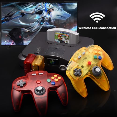KIWITATA N64 Wireless Controller for Switch Games, 2.4GHZ Rechargeable N64 Remote Joystick Wireless Gamepad Controller Compatible with N64 System, Raspberry Pi, MAC,PC Windows 7,8,10,11 Clear Red - color: Clear red