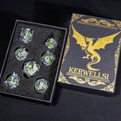 KERWELLSI Cat Liquid Core DND Dice Set with Gift Box, 7Pcs Resin Dungeons Sharp Edge D&D Dice, Dragons D and D Role Playing Dice D20 D12 D10 D8 D6 D4, White and Green Cat - color: White and Green Cat