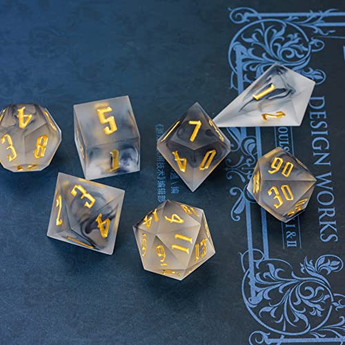 Cusdie Frosted Dice Sharp Edges DND Dice, 7 PCs D&D Dice, Handcrafted Polyhedral Dice Set, for Role Playing Game(Black) - color: Frosted-black Swirl