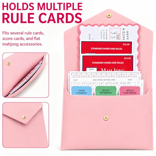 Leather Mahjong Card Clutch Pouch, 8 x 6 Inches Protective Case for American Mahjong Strategy Cards, Secure Magnetic Closure Accessories Holder, Elegant Game Night Gift (Rose Pink) - color: Rose Pink