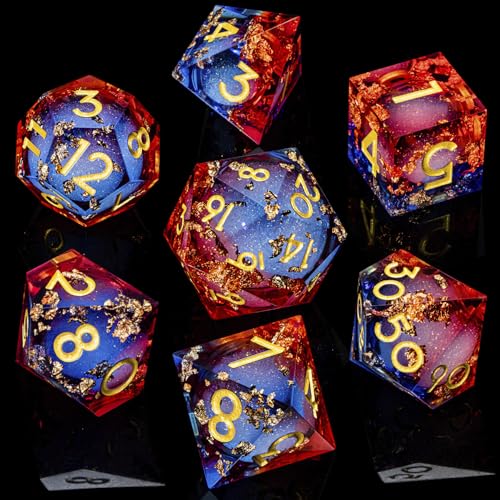 ARUOHHA Liquid Core DND Dice Set, 7pcs Resin Sharp Edged Dragons Dice Compatible with D&D Role Playing Games, RPG Golden Numbers Blue Red Dungeons Polyhedral D and D Dice with Gift Box D20 D10 D6 - color: Shiny-blue Red