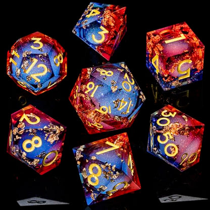 ARUOHHA Liquid Core DND Dice Set, 7pcs Resin Sharp Edged Dragons Dice Compatible with D&D Role Playing Games, RPG Golden Numbers Blue Red Dungeons Polyhedral D and D Dice with Gift Box D20 D10 D6 - color: Shiny-blue Red