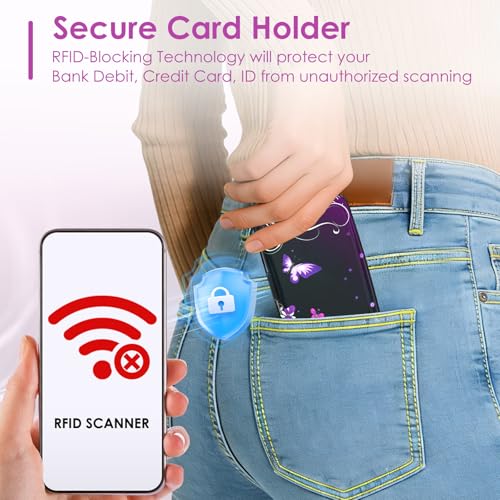Credit Card Holder Mini, Purple Butterfly RFID Blocking Aluminum Wallet Slim Metal Hard Case Travel Wallet ID Case for Women Men - color: Purple Butterfly