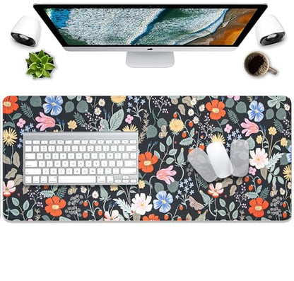 Strawberry Flowers Mouse Pad Desk Pad,Extended Gaming Mouse Mat with Stitched Edges Non-Slip Waterproof Rubber Base Mous Mat for Office,Computer,Keyboard,Laptop and Home Desk Pad(27.5X11.8 in) - color: Flowers and Strawberries