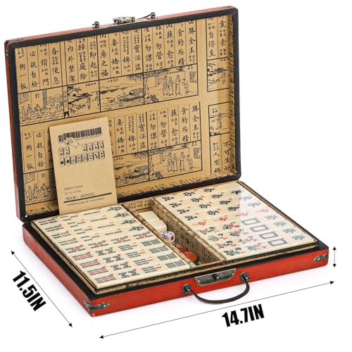 Cedilis Chinese Mahjong Game Set with 146 Large Tiles(1.4", Ivory), 2 Dice and Red Carrying Case for Chinese Style Game, Family Gathering