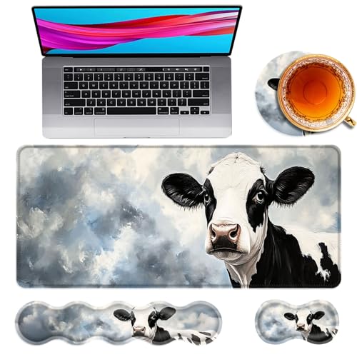 Large Mouse Pad and Keyboard Wrist Rest, Desk Pad for Keyboard and Mouse, 4-in-1 Large Gaming Mouse Pad with Wrist Support, Desk Mat for Home Office Study Game,Cute Cow - color: Cute Cow