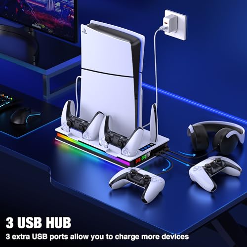 PS5/Pro/Slim Stand and Cooling Station with Controller Charging Station for Playsation 5 Disc Digital Console, PS5 Accessories Incl. 3 Level Cooling Fan, LED, 3 USB Hub, Media Slot, Headset Holder
