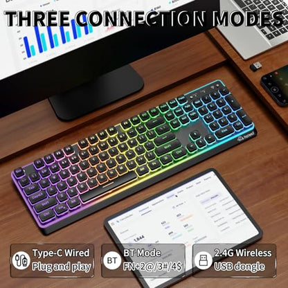 ZIYOU LANG M104 RGB Wireless Keyboard, Low-Profile Silent Membrane Keys, 2.4G Bluetooth USB Wired, Spill-Resistant, Rechargeable Full-Size 104-Key Keyboard for PC Mac, Black - color: Black