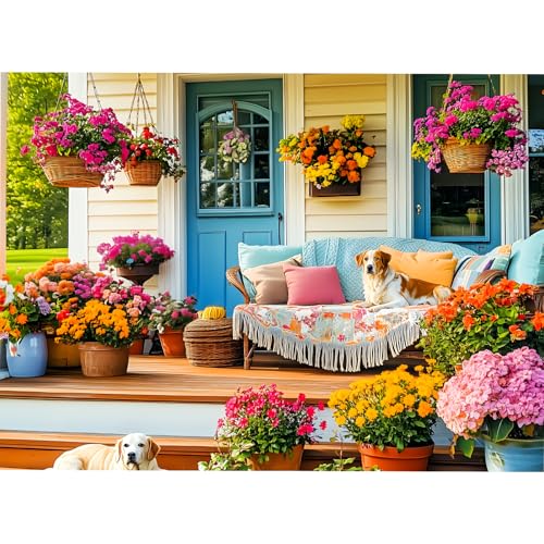 300 Piece Puzzles for Adult, Colorful Flower and Cute Puppy Jigsaw Puzzle - style: House and Puppy