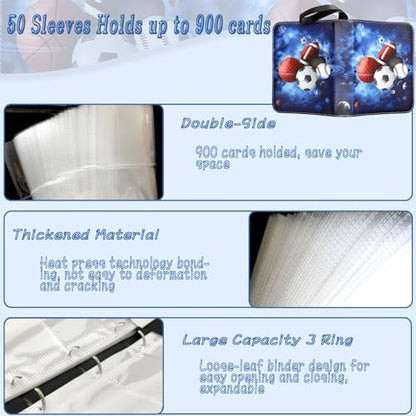 Sports Card Binder 900 Pockets, Trading Card Binder 9 Pocket with 50 Sleeves Fits 900 Sport Cards, Sports Card Holder with Zipper, Football Basketball Hockey Baseball Card Collection Storage Album - size: 900 Pockets Sports