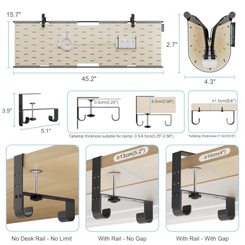No Drill Under Desk Cable Management Tray, 45.2" Felt Cord Organizer | Clamp/Screw Mount Desk Cable Management, As Standing Desk Privacy Panel, Desk Wire Management for Office, Home