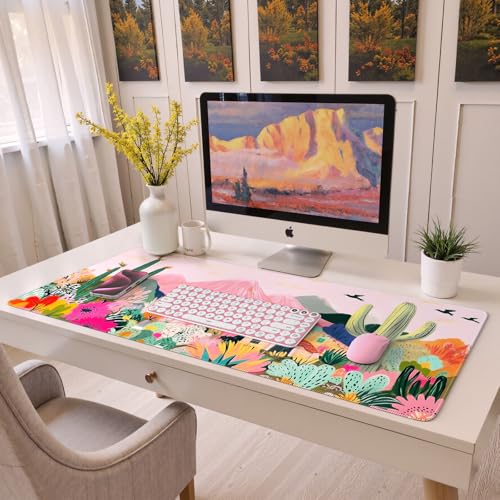 iCasso Desk Mat,Cute Mouse Pad for Desk,35"x16",Home Office, Cactus | Waterproof Desk Pad with Non-Slip Rubber Base and Stitched Edges, Extended Keyboard Mousepad for Computer, Home Workspace - color: A-cactus