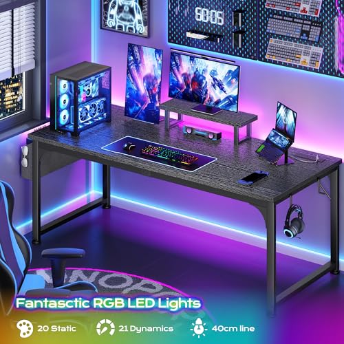 DurayLoly 47 x 24 inch Desk, 24mm Thick Heavy Duty Gaming Desk with RGB LED & Power Outlets, Detachable Stand, Hooks & Storage Bag, 110LBS Capacity, Home Office Computer Desk, Black - color: Black, size: 47 Inch