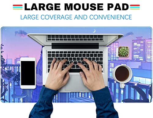 Purple Anime Kawaii Desk Mat Mousepad Cute Cat XXL Large Gaming Japanese Girly Aesthetic Mouse Pad Tokyo Street Desk Mat 31.5x15.75 in, Girl Gamer Desktop Mat Computer Laptop Keyboard Mouse Mat - color: Purple Pink Anime Girly
