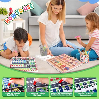 wakeInsa 2 in 1 Magnetic Color and Number Maze,Montessori Toy for 3-6 Years Old,Wooden Magnet Balls Puzzles,Toddler Busy Board Game,Preschool Learning Activities,Christmas & Birthday Gift for Kids - style: Magnet Toys - Ice Cream + Parking Lot
