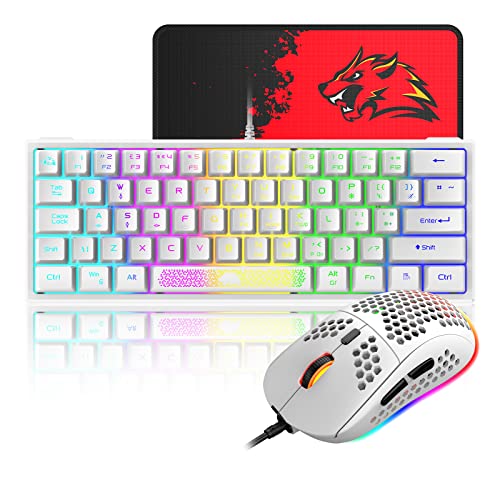 60% Gaming Keyboard and Mouse Combo Samll Mini RGB LED Backlight Mechanical Feeling and RGB 6400 DPI Honeycomb Optical Mouse,Gaming Mouse pad for Gamers and Typists - color: White
