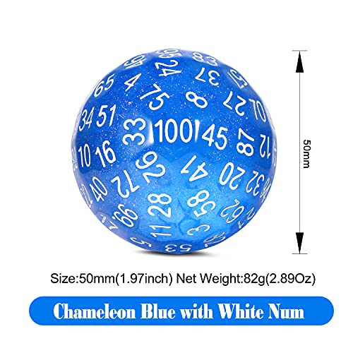 D100 Dice Glitter Blue DNDND 100 Sided Die with Translucent Pouch for Dungeons and Dragons(Chameleon Blue with White Number) - color: Glitter Blue