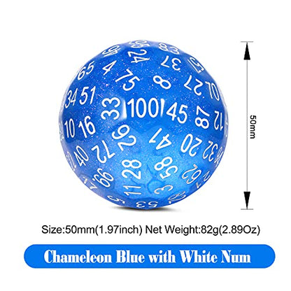 D100 Dice Glitter Blue DNDND 100 Sided Die with Translucent Pouch for Dungeons and Dragons(Chameleon Blue with White Number) - color: Glitter Blue